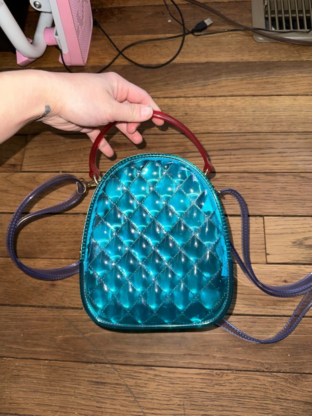 Blue Jelly Quilted Mini Backpack Handbag with Pink Handle and Indigo Straps